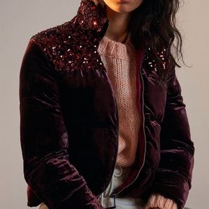 Anthropologie Sequined Velvet Puffer Jacket XS